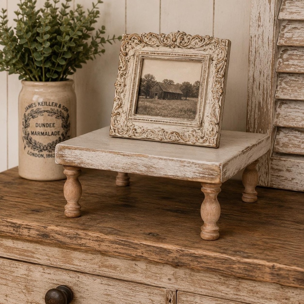 Rustic Distressed White Wood Pedestal Riser Stand Square Farmhouse Decor Tray